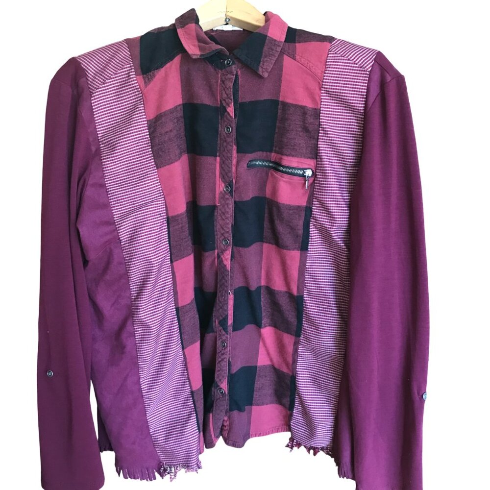 Upcycled Patchwork Flannel Shirt, Mixed Print Button-Down Magenta Blouse Size M